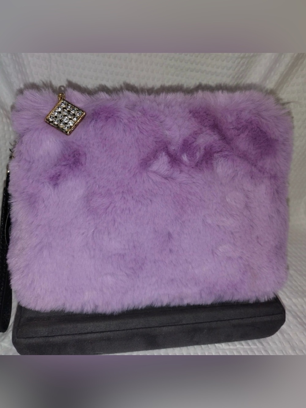 Faux Fur Clutch With Jeweled Zipper Pull Wristlet Strap